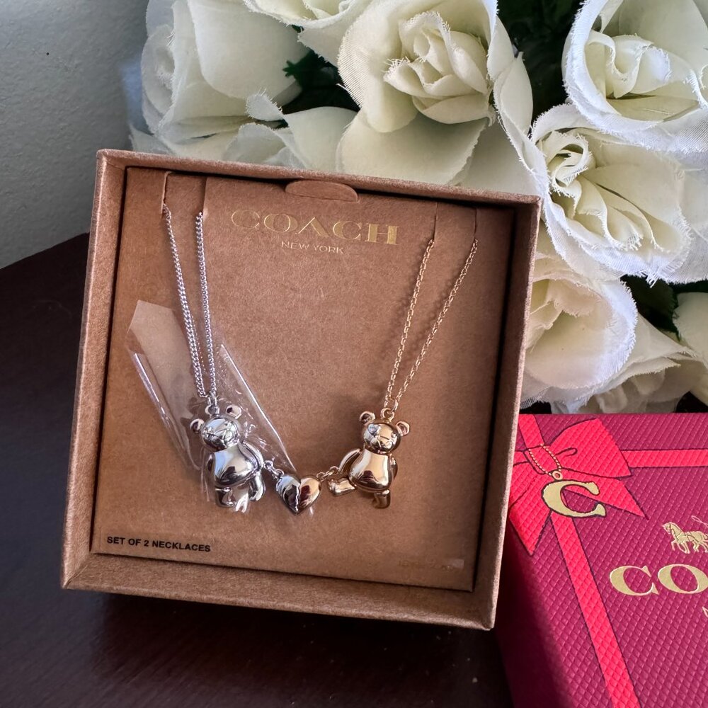 NWT COACH Teddy Bear Heart Friendship Necklace Duo Set CY112 $148 - Picture 4 of 5